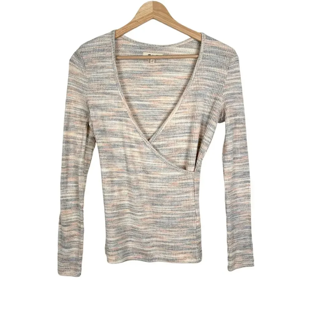 Madewell Space-Dye Faux-Wrap Knit Sweater Top Soft Rainbow Size XS Long Sleeve